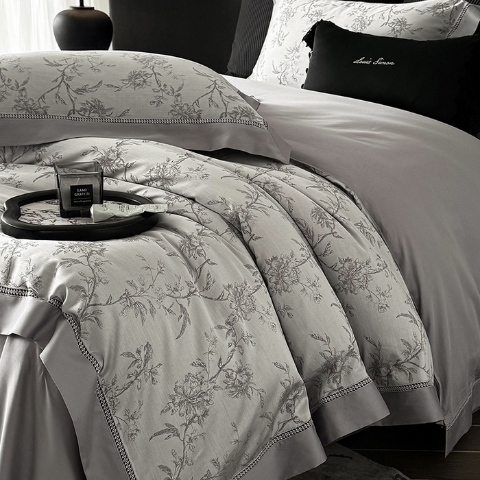 91家纺网 家纺一手货源 找家纺 涞澳家纺 2025新款天丝棉色织提花四件套 莉莲-复合灰