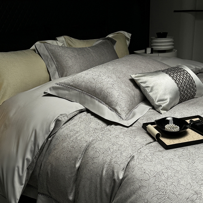 91家纺网 家纺一手货源 找家纺 涞澳家纺 2025新款天丝棉色织提花四件套 雨果-灰