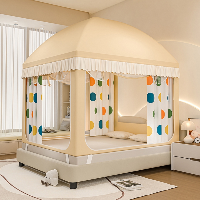 91家纺网 家纺一手货源 找家纺 冉美家纺 2025新款屋顶式遮光防尘防摔蚊帐 多彩点点-香槟