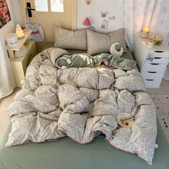 91家纺网 家纺一手货源 找家纺 潮邦创意家居 2025新款云柔棉立体嵌绳款小清新四件套 梦幻绿野