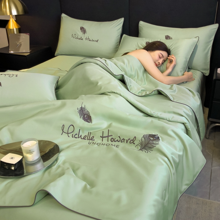 91家纺网 家纺一手货源 找家纺 吾诺 2025 双拼及羽毛刺绣夏被四件套绣花夏被水洗天丝夏被水洗真丝夏凉被空调被 羽毛-果绿