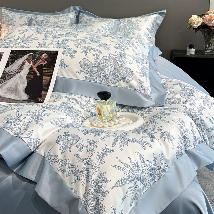 91家纺网 家纺一手货源 找家纺 笙意家纺 2025新款水洗冰丝数码印花宽边四件套 仙草