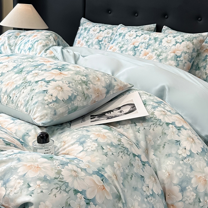 91家纺网 家纺一手货源 找家纺 慕晨 2025春夏新品莱赛尔天丝数码印花四件套莱赛尔夏被四件套天丝夏凉被直播热款 芳馨-兰