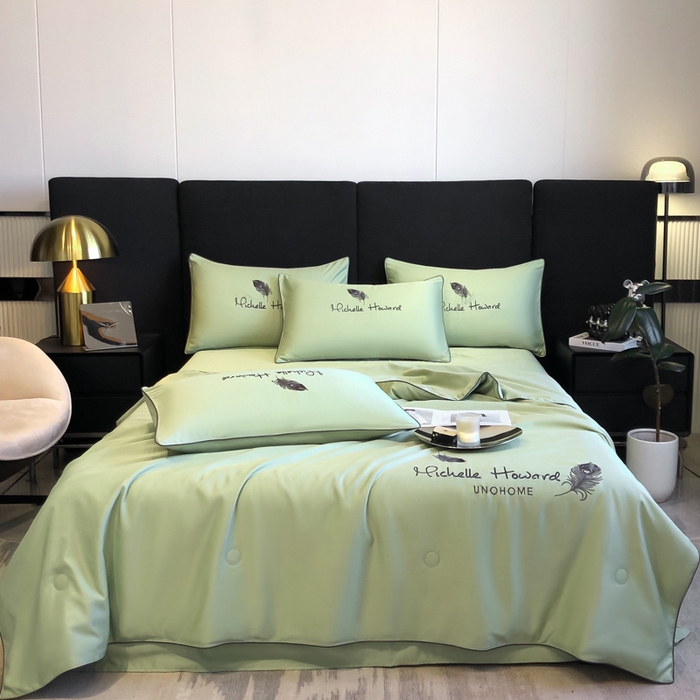 91家纺网 家纺一手货源 找家纺 吾诺 2025 双拼及羽毛刺绣夏被四件套绣花夏被水洗天丝夏被水洗真丝夏凉被空调被 羽毛-果绿