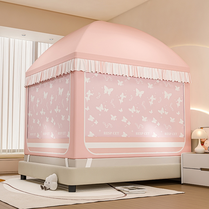 91家纺网 家纺一手货源 找家纺 冉美家纺 2025新款屋顶式遮光防尘防摔蚊帐 缤纷蝴蝶-樱花粉