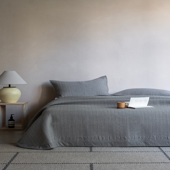 91家纺网 家纺一手货源 找家纺 （总）璞素2025新款全棉色织三层纱床盖三件套-摩卡