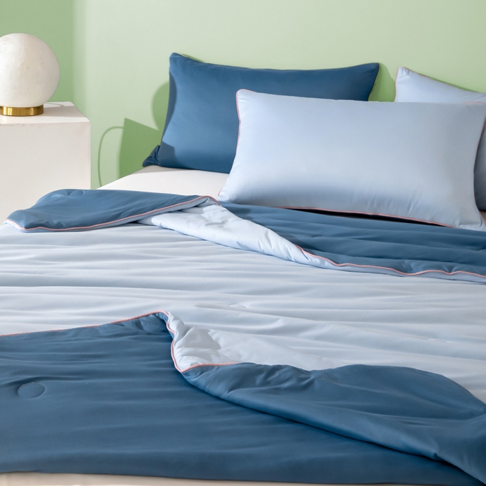 91家纺网 家纺一手货源 找家纺 吾诺 2025 针织棉夏被双拼色大豆夏被子被芯夏凉被空调被 浅兰-宝蓝