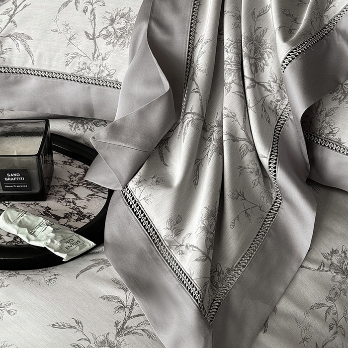 91家纺网 家纺一手货源 找家纺 涞澳家纺 2025新款天丝棉色织提花四件套 莉莲-复合灰