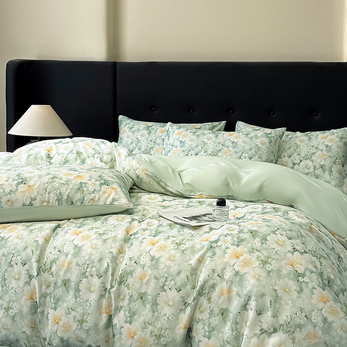 91家纺网 家纺一手货源 找家纺 慕晨 2025春夏新品莱赛尔天丝数码印花四件套莱赛尔夏被四件套天丝夏凉被直播热款 芳馨-绿