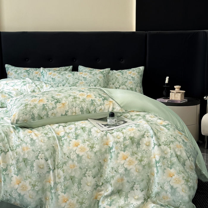 91家纺网 家纺一手货源 找家纺 慕晨 2025春夏新品莱赛尔天丝数码印花四件套莱赛尔夏被四件套天丝夏凉被直播热款 芳馨-绿