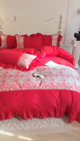 91家纺网 家纺一手货源 找家纺 富盛 2025新款水洗亲肤棉浮雕提花公主风四件套 月光恋人-大红