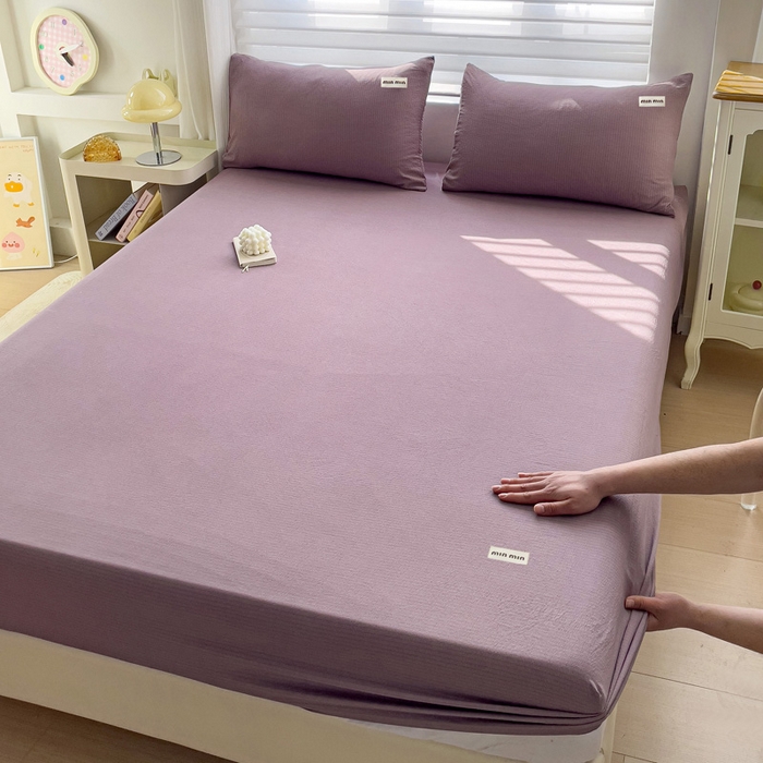 91家纺网 家纺一手货源 找家纺 罗亿家纺 2025新款云感提花双层纱定标minmin(系列)床笠 深紫