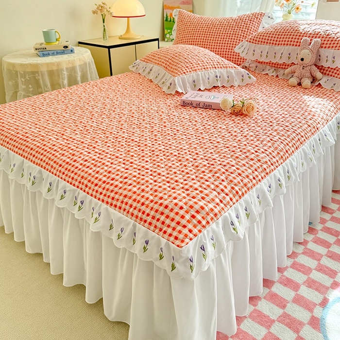 91家纺网 家纺一手货源 找家纺 金盛皇朝家纺 2025新款格子空间水洗棉床裙 格子空间-爱马仕橙