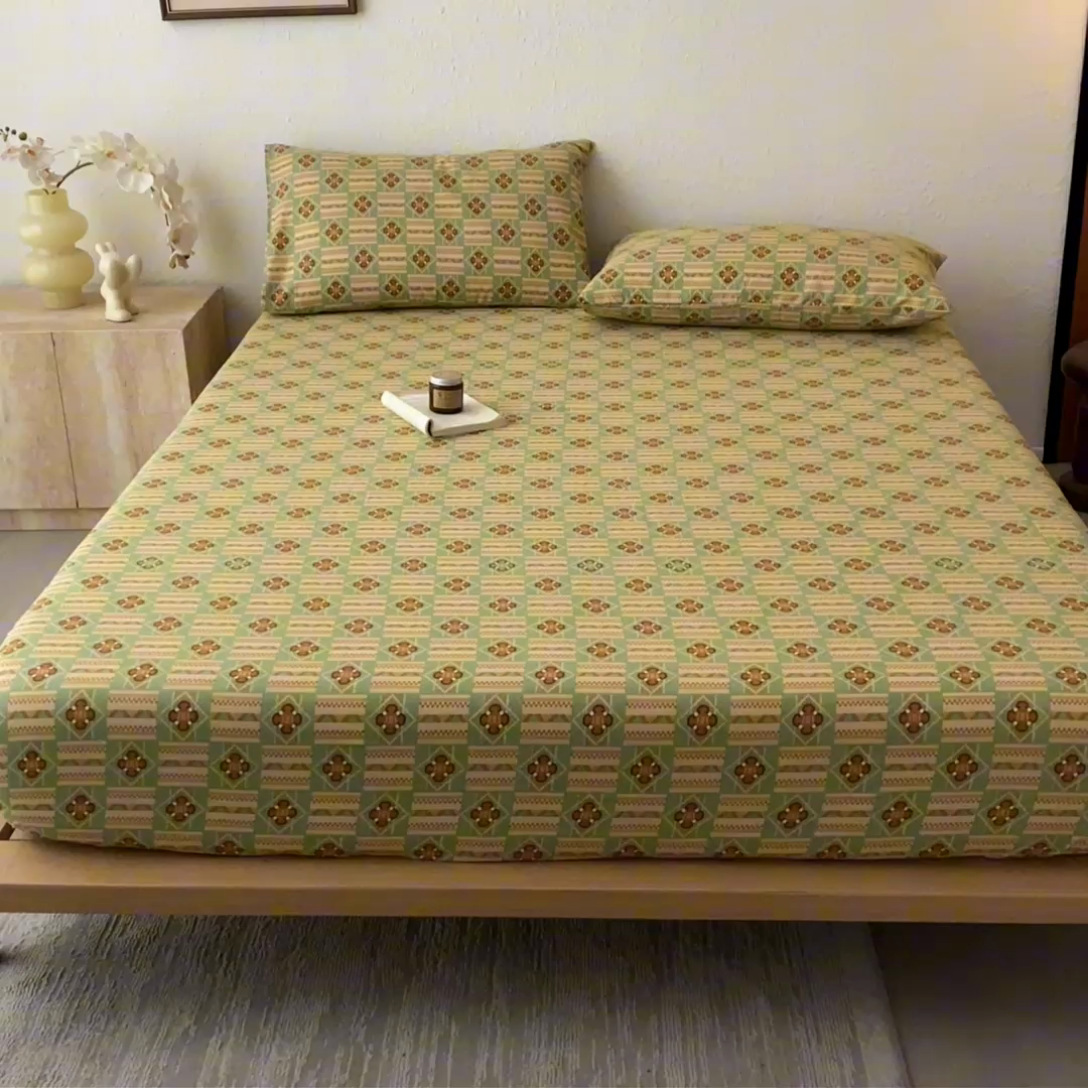 91家纺网 家纺一手货源 找家纺 九亭家纺 2025新款A类全棉老粗布单床笠 花儿棋盘格