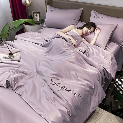 吾诺 2025 字母刺绣水洗天丝夏被四件套水洗真丝夏凉被空调被绣花夏被 字母烟熏紫