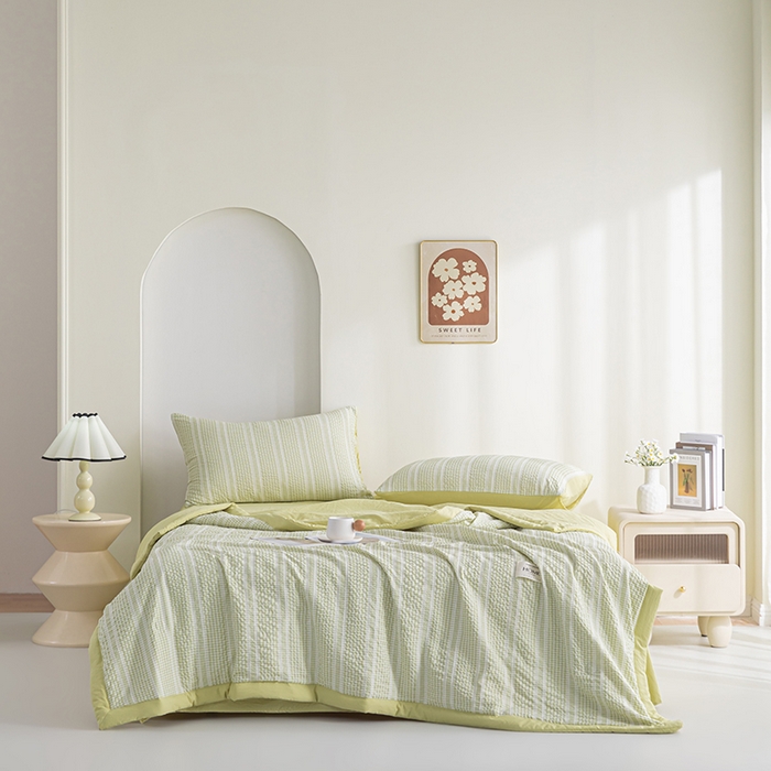 91家纺网 家纺一手货源 找家纺 吾诺 2025 韩式立体提花公主格大豆夏被子被芯夏凉被夏被四件套 公主格-绿