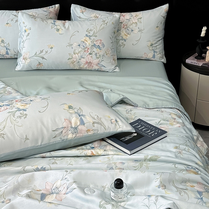 91家纺网 家纺一手货源 找家纺 慕晨 2025春夏新品莱赛尔天丝数码印花四件套莱赛尔夏被四件套天丝夏凉被直播热款 柔兰