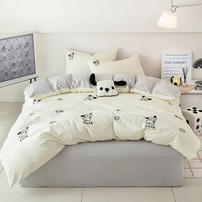 91家纺网 家纺一手货源 找家纺 倾慕家纺 2025新款倾慕INS风毛巾绣纯棉系列四件套 毛巾绣-狗狗