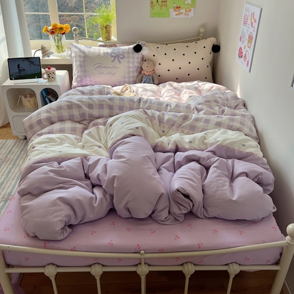 2025新款A类水洗棉数码印花毛球枕套混搭心心少女纯棉水洗棉系列四件套 棉数码毛球-心心少女紫格