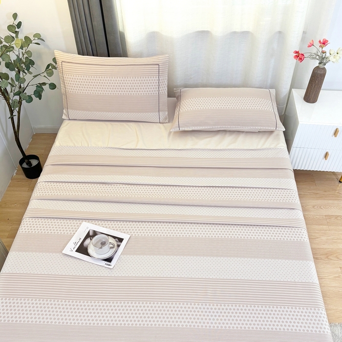 91家纺网 家纺一手货源 找家纺 伊而梦蚊帐 2025新款A类老粗布抗菌床单 波点条-咖