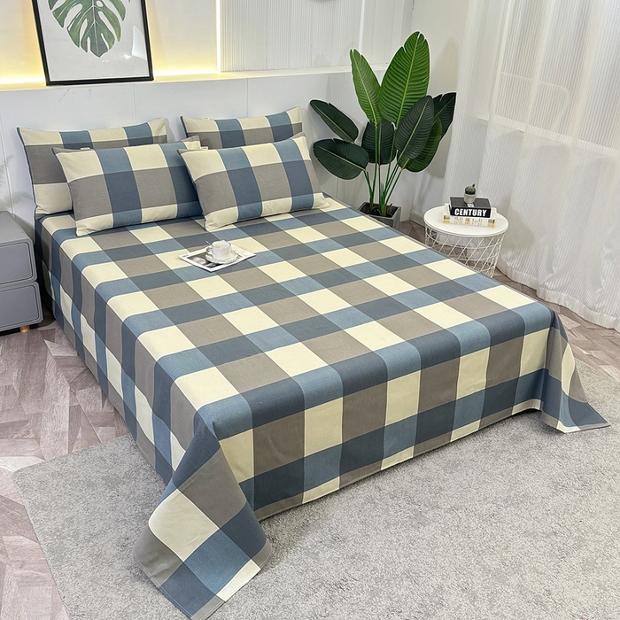 91家纺网 家纺一手货源 找家纺 伊而梦蚊帐 2025新款原棉老粗布床单 蓝灰格