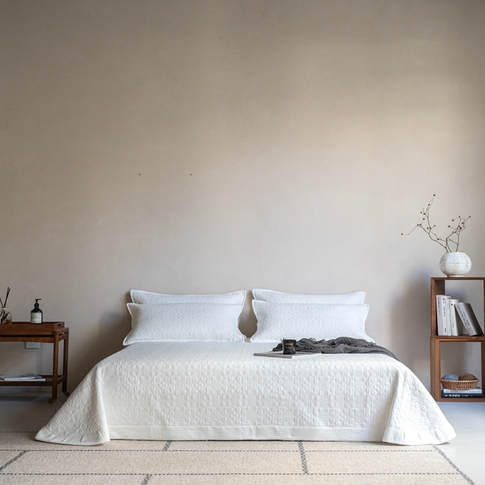 91家纺网 家纺一手货源 找家纺 璞素2025新款全棉色织三层纱床盖三件套-落雪 落雪白