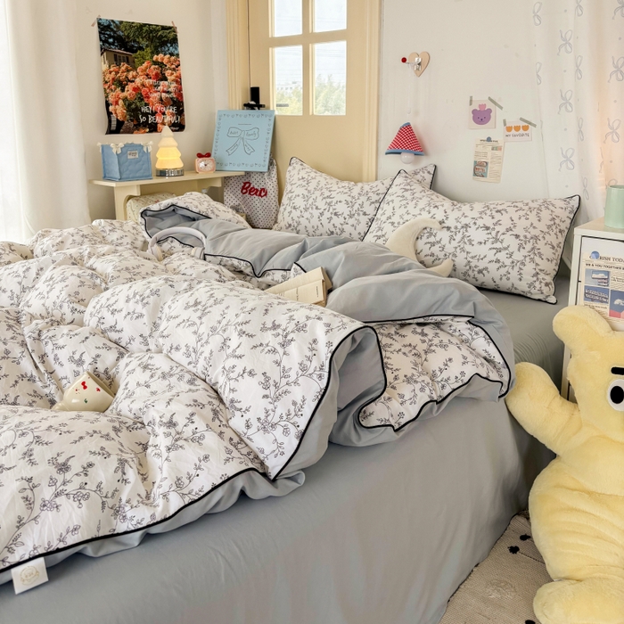 91家纺网 家纺一手货源 找家纺 潮邦创意家居 2025新款云柔棉立体嵌绳款小清新四件套 墨韵蔓花