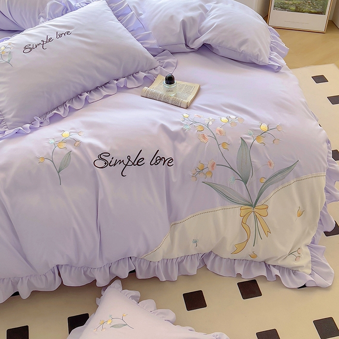 91家纺网 家纺一手货源 找家纺 凯美家居 2025新款超柔亲肤磨毛刺绣花仙子系列四件套 花仙子 浅紫