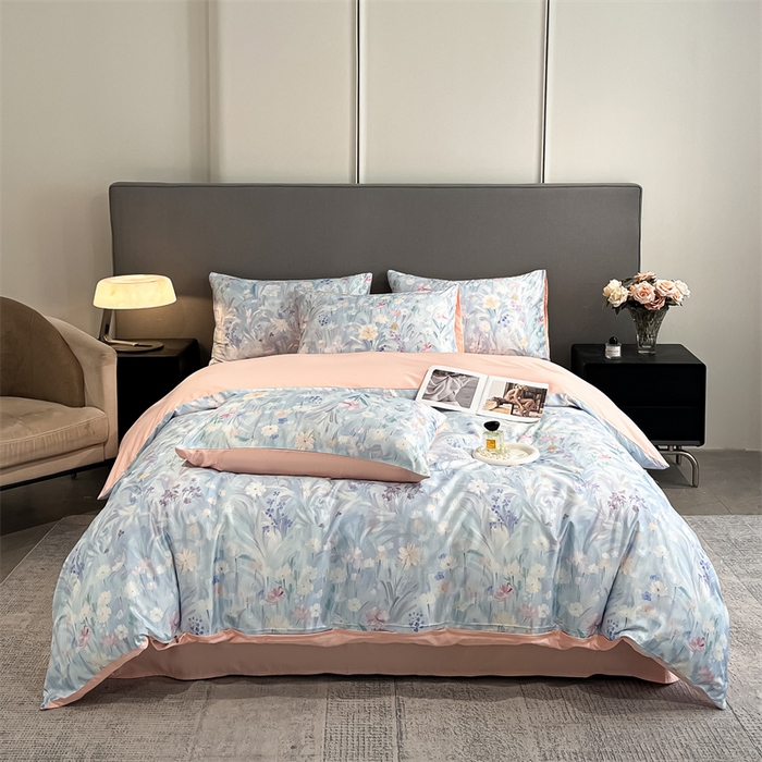 91家纺网 家纺一手货源 找家纺 笙意家纺2025新款水洗冰丝数码印花暗盒款四件套 花海