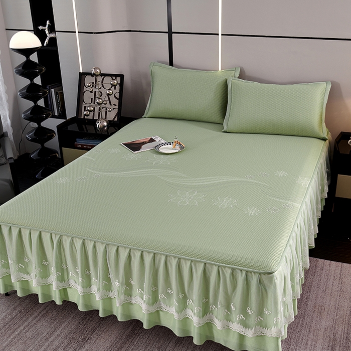 91家纺网 家纺一手货源 找家纺 青雅席业 2025新款7A抗菌母婴级纯乙纶PE刺绣凉感丝豆豆席 床裙款 浪花-水绿