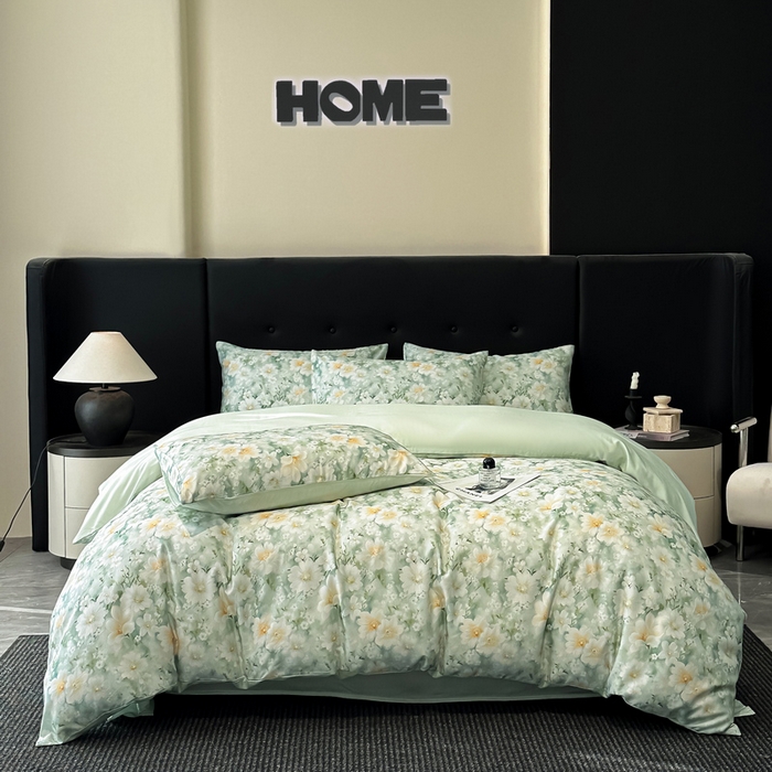 91家纺网 家纺一手货源 找家纺 慕晨 2025春夏新品莱赛尔天丝数码印花四件套莱赛尔夏被四件套天丝夏凉被直播热款 芳馨-绿