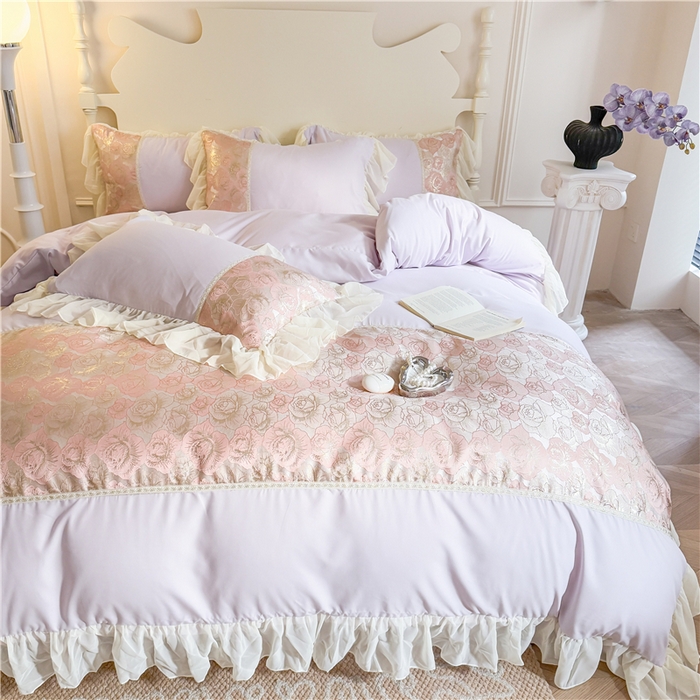 91家纺网 家纺一手货源 找家纺 富盛 2025新款水洗亲肤棉浮雕提花公主风四件套 月光恋人-紫