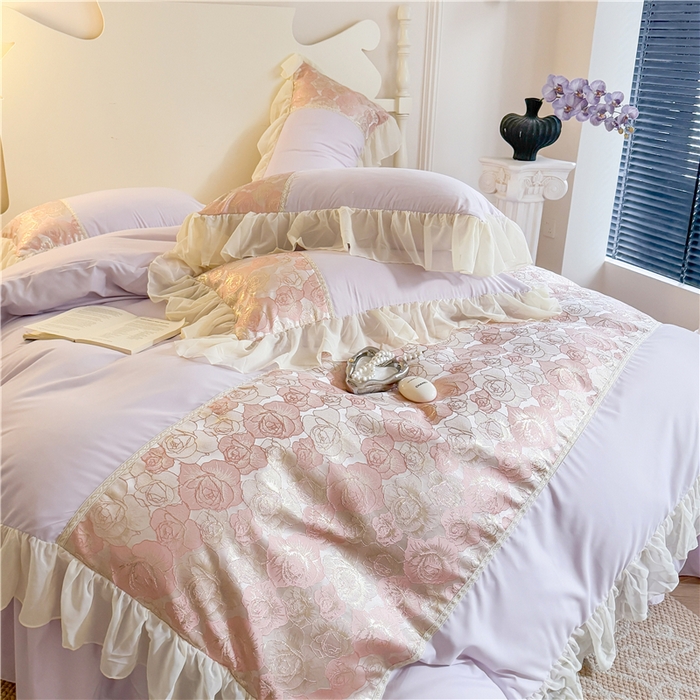 91家纺网 家纺一手货源 找家纺 富盛 2025新款水洗亲肤棉浮雕提花公主风四件套 月光恋人-紫