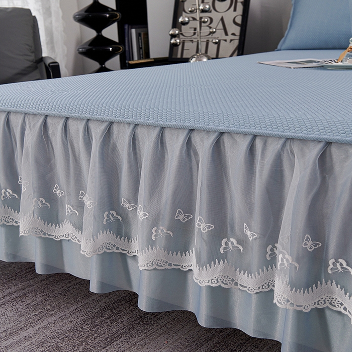 91家纺网 家纺一手货源 找家纺 青雅席业 2025新款7A抗菌母婴级纯乙纶PE刺绣凉感丝豆豆席 床裙款 字母爱心-蓝