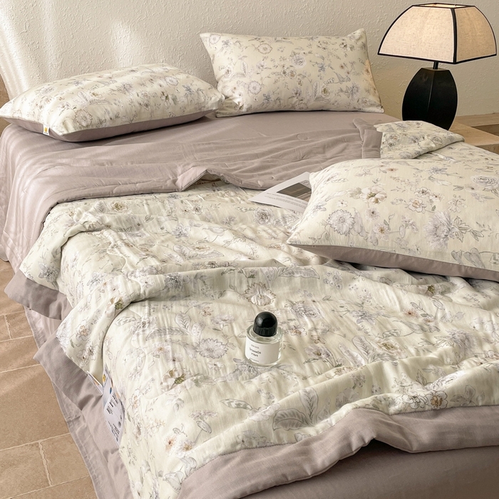 91家纺网 家纺一手货源 找家纺 慕晨 2025新款全棉双层纱四件套莱赛尔夏被莱赛尔夏被四件套天丝夏凉被直播 香清韵-绿