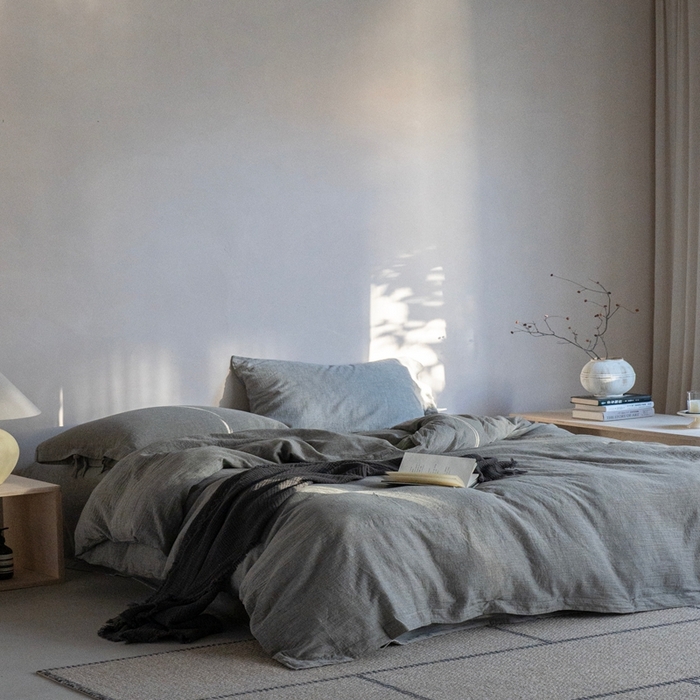 91家纺网 家纺一手货源 找家纺 璞素2025新款全棉色织三层纱四件套-素简 灰色