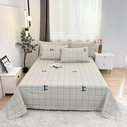 91家纺网 家纺一手货源 找家纺 伊而梦蚊帐 2025新款A类老粗布抗菌床单 条格结-米