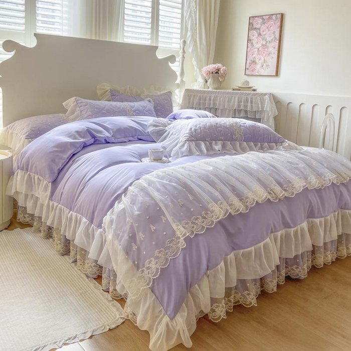 91家纺网 家纺一手货源 找家纺 恋尚 2025新款韩式蕾丝丝光棉夹棉床裙四件套 蜜芙-香芋紫