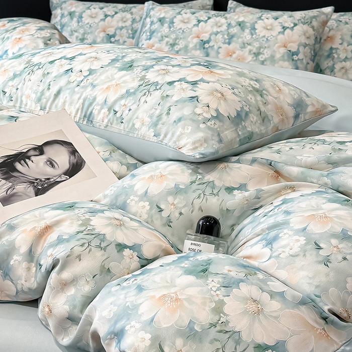 91家纺网 家纺一手货源 找家纺 慕晨 2025春夏新品莱赛尔天丝数码印花四件套莱赛尔夏被四件套天丝夏凉被直播热款 芳馨-兰