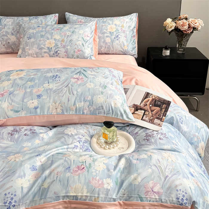 91家纺网 家纺一手货源 找家纺 笙意家纺2025新款水洗冰丝数码印花暗盒款四件套 花海