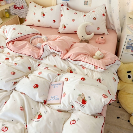 潮邦创意家居 2025新款云柔棉立体嵌绳款小清新四件套 萌莓趣意