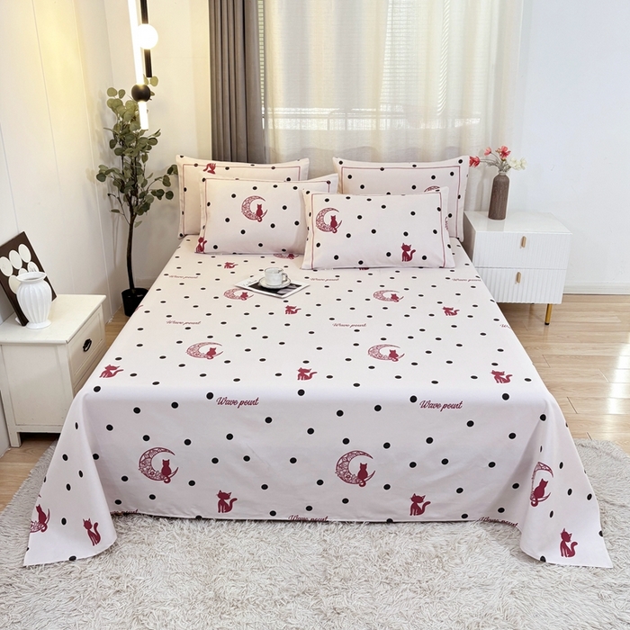 91家纺网 家纺一手货源 找家纺 伊而梦蚊帐 2025新款A类老粗布抗菌床单 波点猫-红