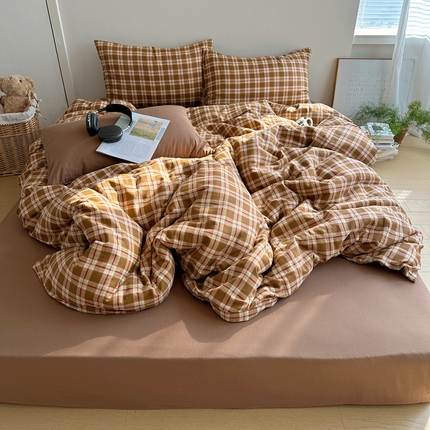 桃喜 2025新款春夏双层纱复古格子系列四件套 咖格