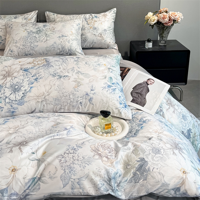 91家纺网 家纺一手货源 找家纺 笙意家纺2025新款水洗冰丝数码印花暗盒款四件套 花韵