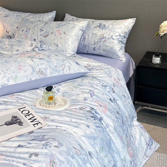 91家纺网 家纺一手货源 找家纺 笙意家纺2025新款水洗冰丝数码印花暗盒款四件套 兰汐