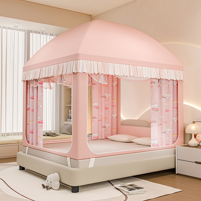 91家纺网 家纺一手货源 找家纺 冉美家纺 2025新款屋顶式遮光防尘防摔蚊帐 蜜桃兔-樱花粉