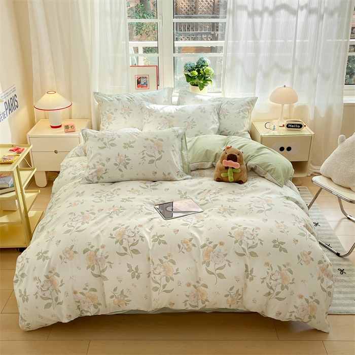 91家纺网 家纺一手货源 找家纺 盛秋家纺 2025新款水洗棉印花四件套-卡通系列 铃兰+绿叶