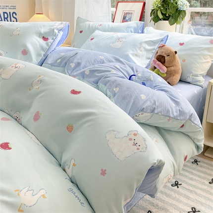 盛秋家纺 2025新款水洗棉印花四件套-卡通系列 甜心猫+蓝爱心