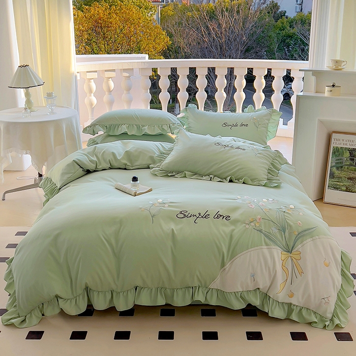 91家纺网 家纺一手货源 找家纺 凯美家居 2025新款超柔亲肤磨毛刺绣花仙子系列四件套 花仙子 绿