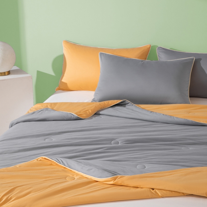 91家纺网 家纺一手货源 找家纺 吾诺 2025 针织棉夏被双拼色大豆夏被子被芯夏凉被空调被 岩灰-杏黄